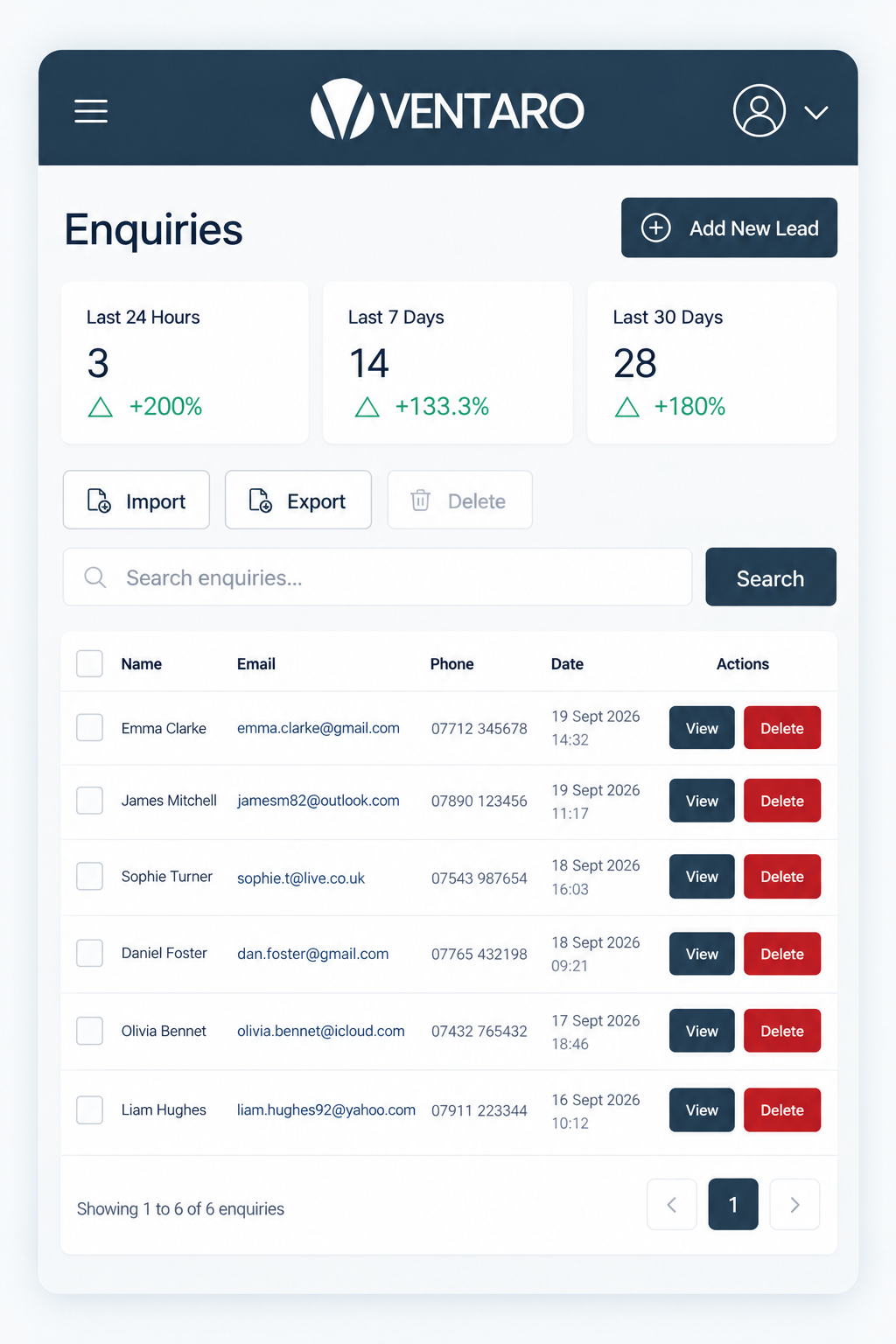 Ventaro seller enquiries dashboard